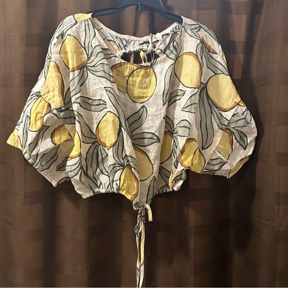 NWT Rebecca Taylor | Lemon-Print Drawstring Crop Blouse‎ 🍋 reg $245 size M - Picture 6 of 11